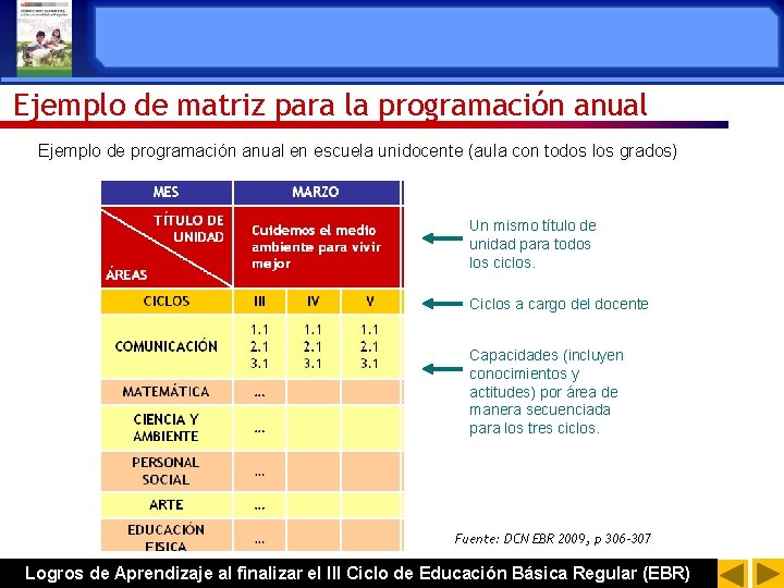 Ejemplo de matriz para la programación anual Ejemplo de programación anual en escuela unidocente