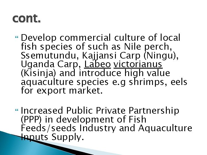 cont. Develop commercial culture of local fish species of such as Nile perch, Ssemutundu,
