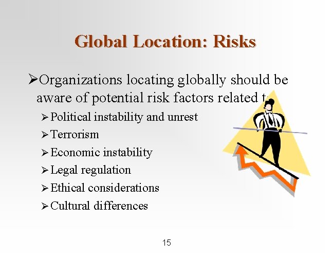 Global Location: Risks ØOrganizations locating globally should be aware of potential risk factors related