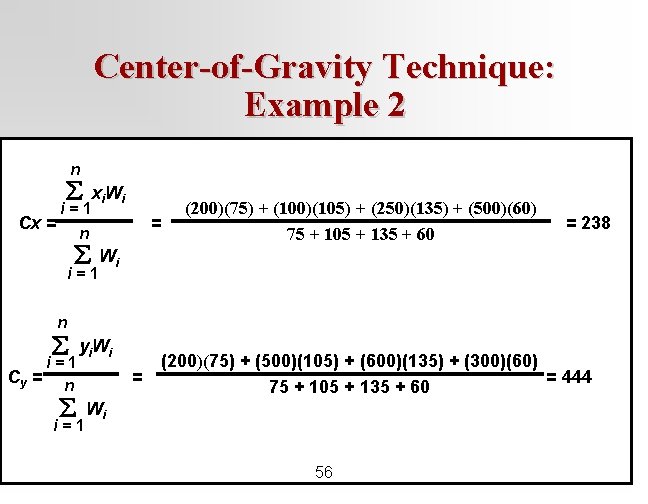 Center-of-Gravity Technique: Example 2 y n 700 xi. Wi Cx = C (200)(75) +