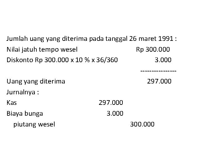 Jumlah uang yang diterima pada tanggal 26 maret 1991 : Nilai jatuh tempo wesel