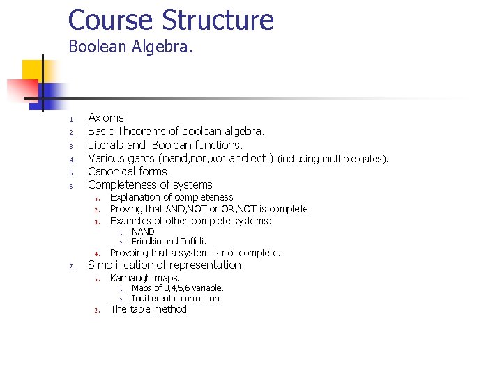 Course Structure Boolean Algebra. 1. 2. 3. 4. 5. 6. Axioms Basic Theorems of