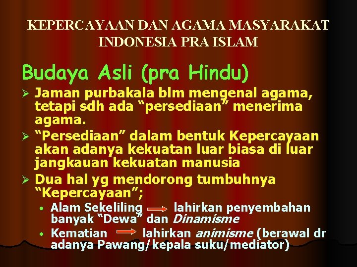 KEPERCAYAAN DAN AGAMA MASYARAKAT INDONESIA PRA ISLAM Budaya Asli (pra Hindu) Jaman purbakala blm KEPERCAYAAN DAN AGAMA MASYARAKAT INDONESIA PRA ISLAM Budaya Asli (pra Hindu) Jaman purbakala blm
