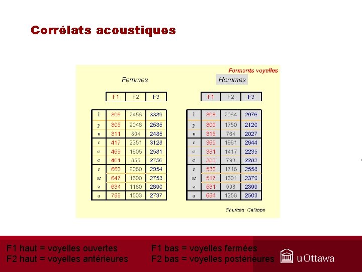 Corrélats acoustiques F 1 haut = voyelles ouvertes F 2 haut = voyelles antérieures