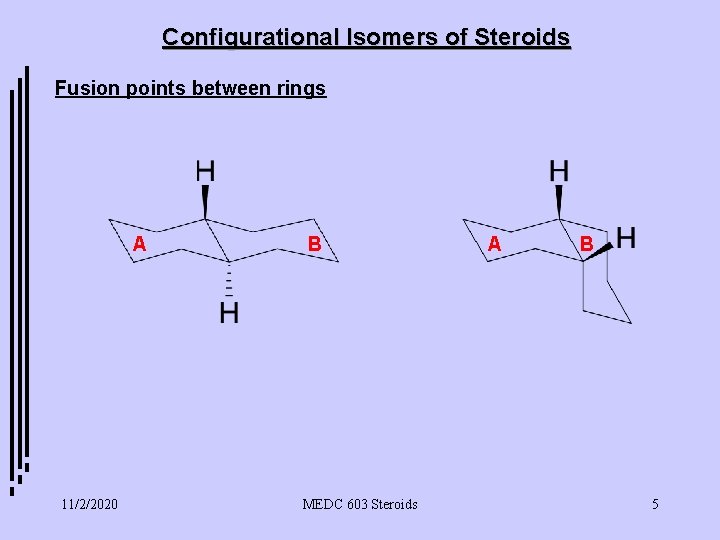 Configurational Isomers of Steroids Fusion points between rings A B trans- configuration 11/2/2020 MEDC