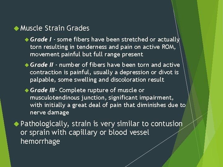  Muscle Strain Grades Grade I - some fibers have been stretched or actually