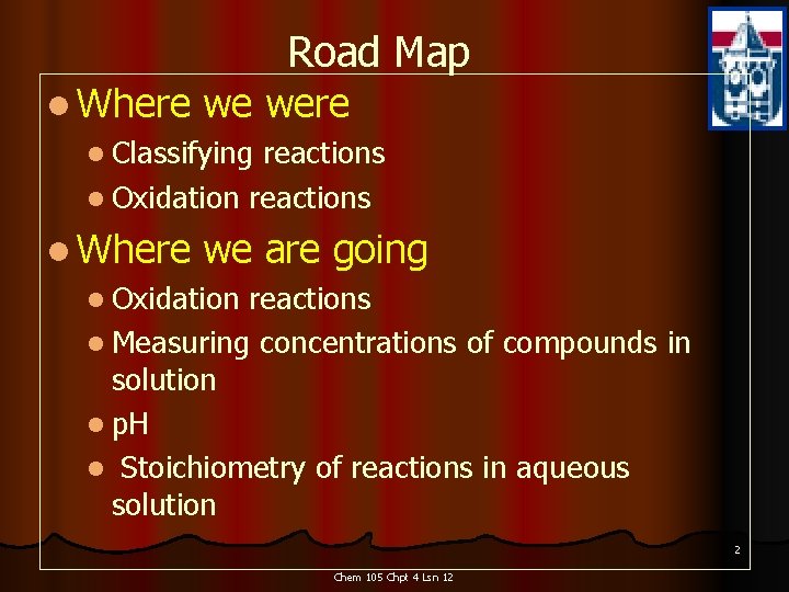 Road Map l Where we were l Classifying reactions l Oxidation reactions l Where