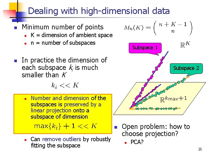 Dealing with high-dimensional data n Minimum number of points n n n K =