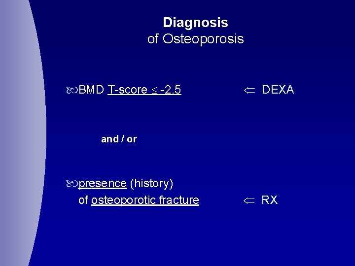 Diagnosis of Osteoporosis BMD T-score -2. 5 DEXA and / or presence (history) of