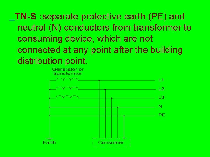  TN-S : separate protective earth (PE) and neutral (N) conductors from transformer to