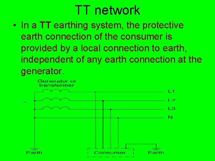  TT network • In a TT earthing system, the protective earth connection of