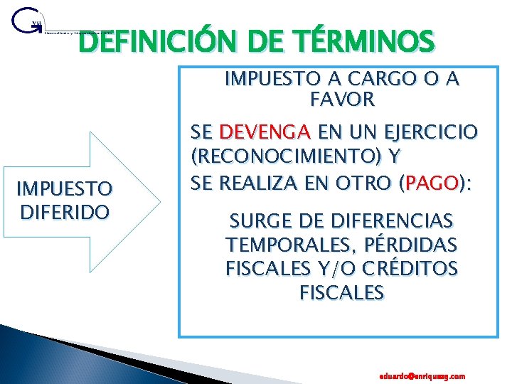 DEFINICIÓN DE TÉRMINOS IMPUESTO A CARGO O A FAVOR IMPUESTO DIFERIDO SE DEVENGA EN