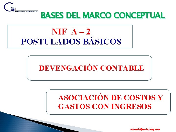 BASES DEL MARCO CONCEPTUAL NIF A – 2 POSTULADOS BÁSICOS DEVENGACIÓN CONTABLE ASOCIACIÓN DE