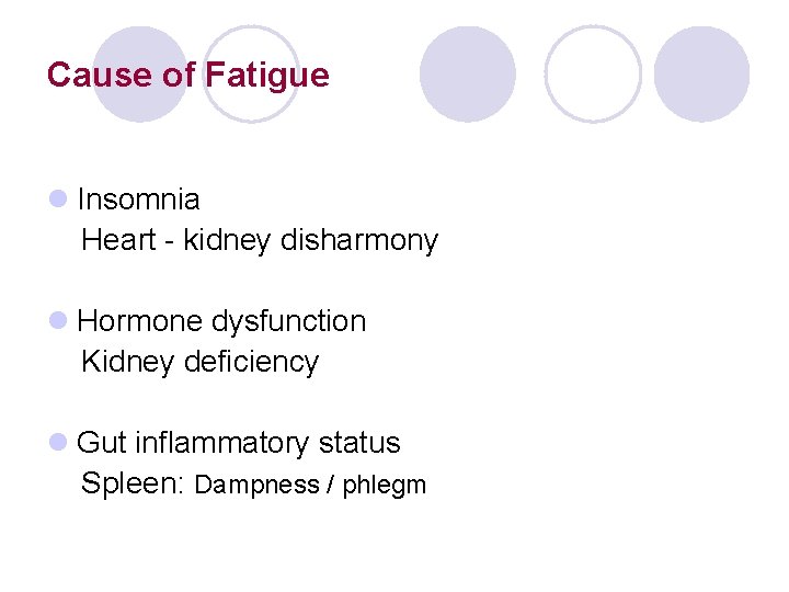 Cause of Fatigue l Insomnia Heart - kidney disharmony l Hormone dysfunction Kidney deficiency