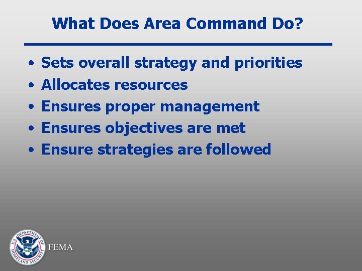 What Does Area Command Do? • • • Sets overall strategy and priorities Allocates