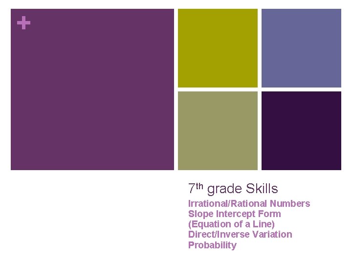 + 7 th grade Skills Irrational/Rational Numbers Slope Intercept Form (Equation of a Line)