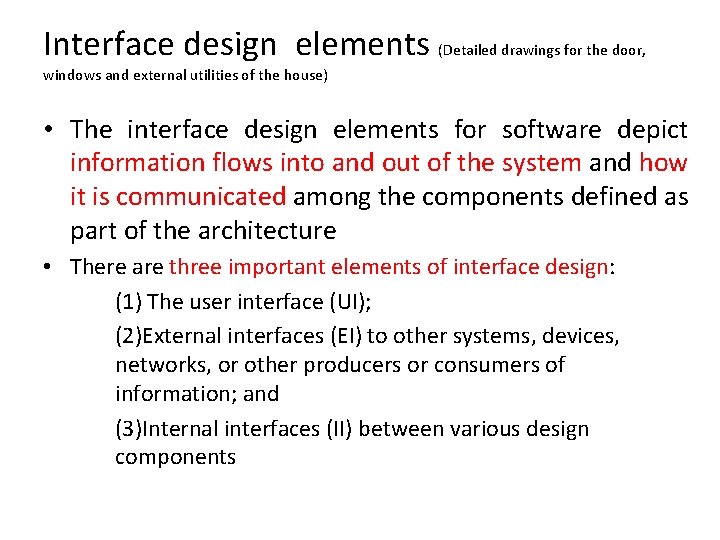 Interface design elements (Detailed drawings for the door, windows and external utilities of the