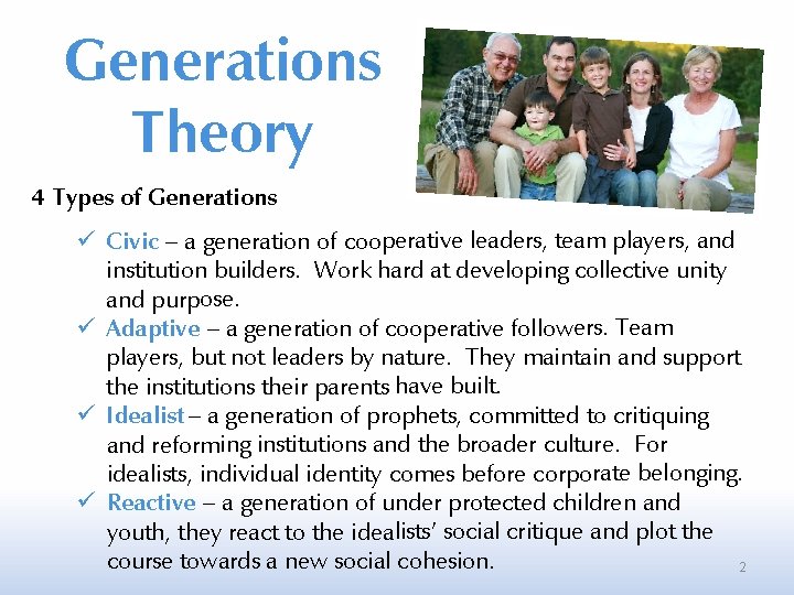 Generations Theory 4 Types of Generations Civic – a generation of cooperative leaders, team