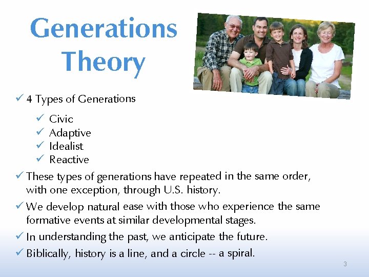 Generations Theory 4 Types of Generations Civic Adaptive Idealist Reactive These types of generations
