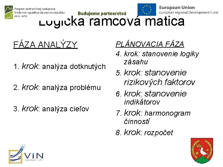 Logická rámcová matica FÁZA ANALÝZY 1. krok: analýza dotknutých 2. krok: analýza problému 3.