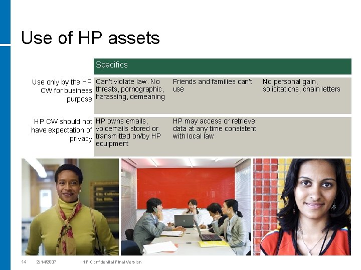 Use of HP assets Specifics 14 Use only by the HP Can’t violate law.