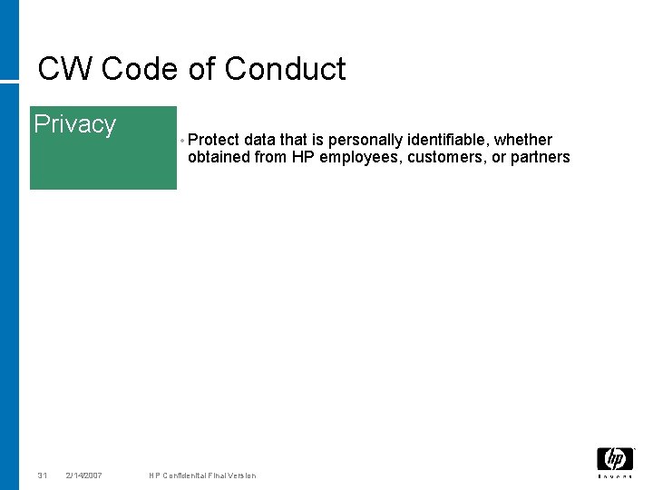 CW Code of Conduct Privacy 31 2/14/2007 • Protect data that is personally identifiable,