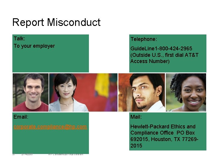 Report Misconduct Talk: To your employer Telephone: Email: Mail: corporate. compliance@hp. com Hewlett-Packard Ethics