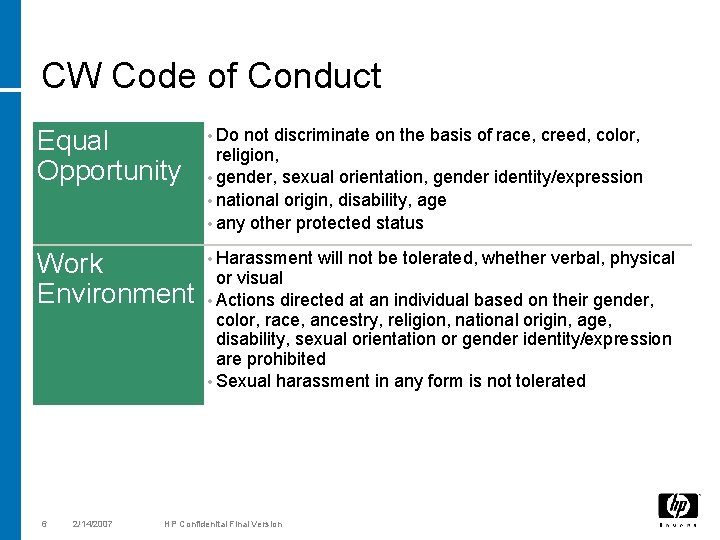 CW Code of Conduct Equal Opportunity • Do Work Environment • Harassment 6 2/14/2007