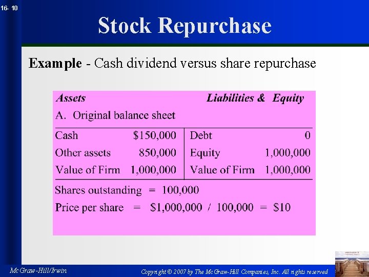 16 - 10 Stock Repurchase Example - Cash dividend versus share repurchase Mc. Graw-Hill/Irwin