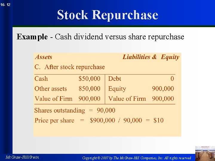 16 - 12 Stock Repurchase Example - Cash dividend versus share repurchase Mc. Graw-Hill/Irwin