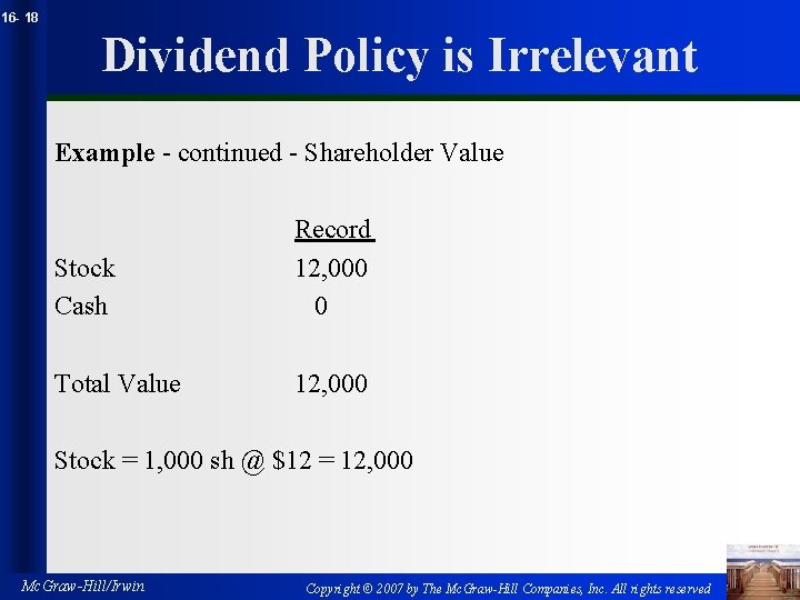 16 - 18 Dividend Policy is Irrelevant Example - continued - Shareholder Value Stock