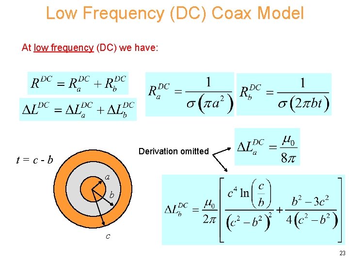 Low Frequency (DC) Coax Model At low frequency (DC) we have: Derivation omitted t=c-b