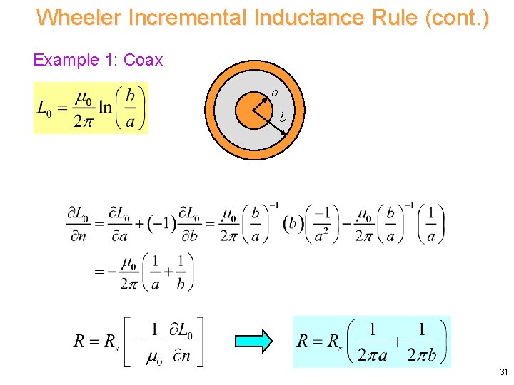 Wheeler Incremental Inductance Rule (cont. ) Example 1: Coax a b 31 