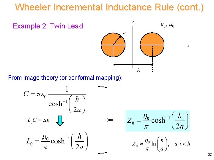 Wheeler Incremental Inductance Rule (cont. ) Example 2: Twin Lead y a x h