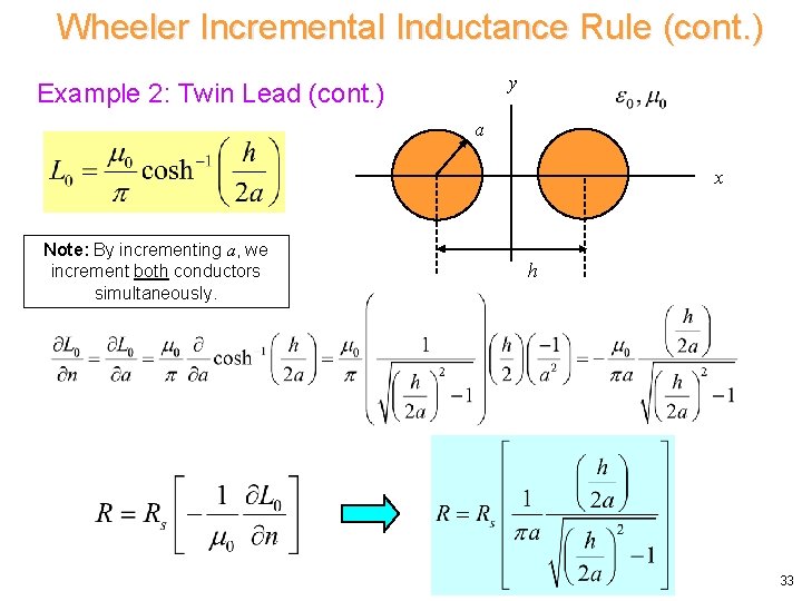 Wheeler Incremental Inductance Rule (cont. ) y Example 2: Twin Lead (cont. ) a