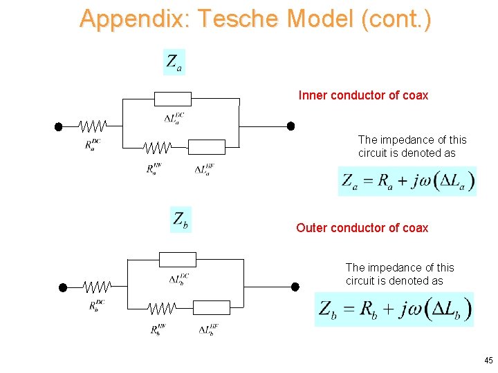 Appendix: Tesche Model (cont. ) Inner conductor of coax The impedance of this circuit