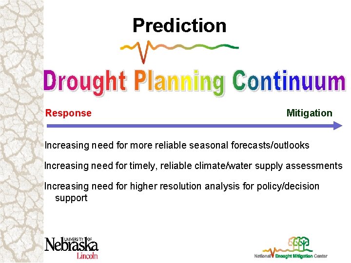 Prediction Response Mitigation Increasing need for more reliable seasonal forecasts/outlooks Increasing need for timely,
