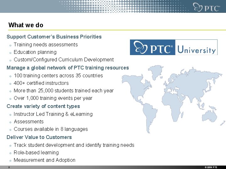 What we do Support Customer’s Business Priorities Training needs assessments Education planning Custom/Configured Curriculum