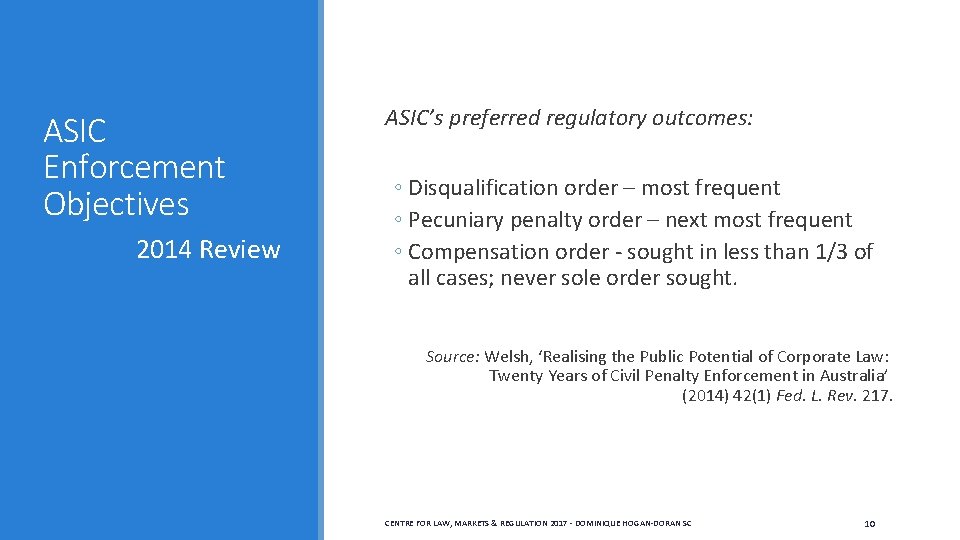 ASIC Enforcement Objectives 2014 Review ASIC’s preferred regulatory outcomes: ◦ Disqualification order – most