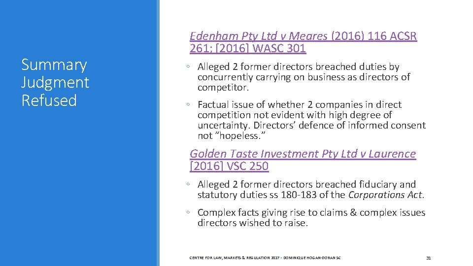 Summary Judgment Refused Edenham Pty Ltd v Meares (2016) 116 ACSR 261; [2016] WASC