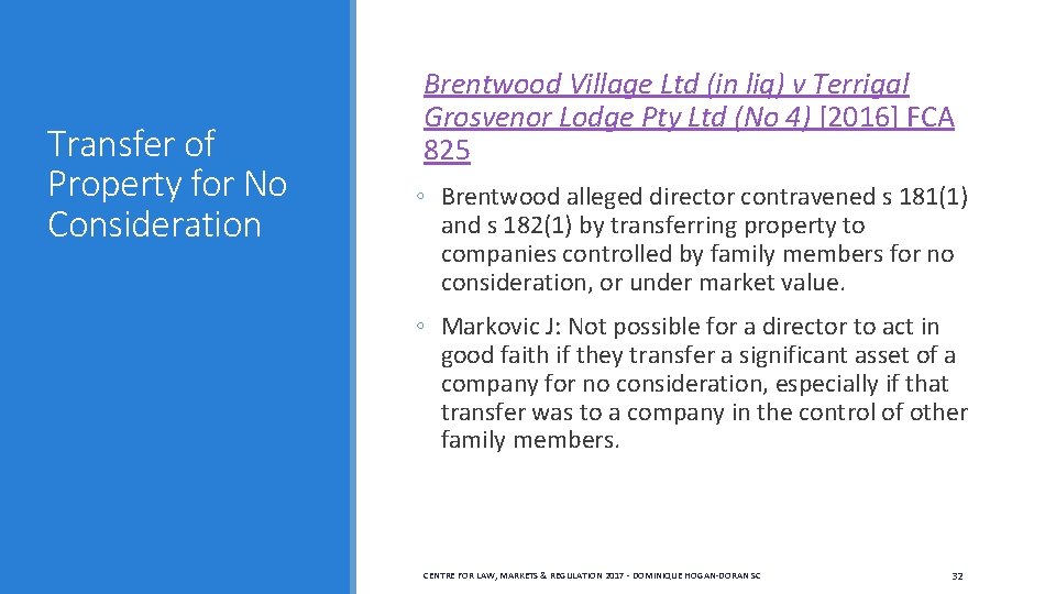 Transfer of Property for No Consideration Brentwood Village Ltd (in liq) v Terrigal Grosvenor