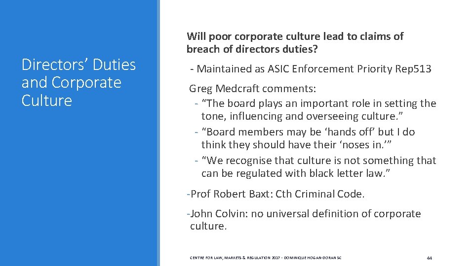 Directors’ Duties and Corporate Culture Will poor corporate culture lead to claims of breach