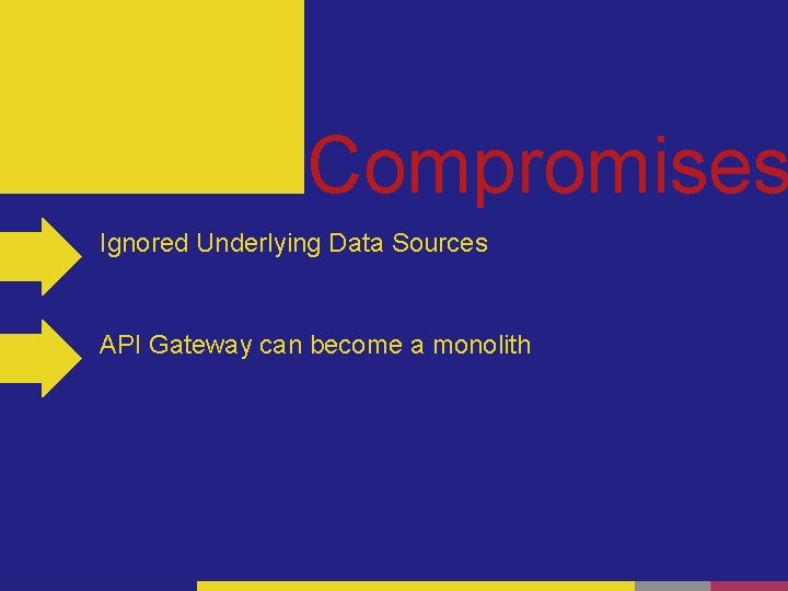 Compromises Ignored Underlying Data Sources API Gateway can become a monolith 