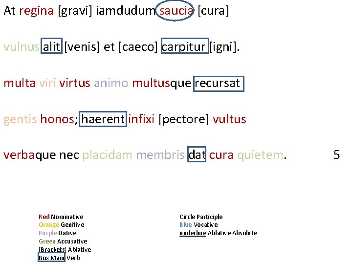 At regina [gravi] iamdudum saucia [cura] vulnus alit [venis] et [caeco] carpitur [igni]. multa