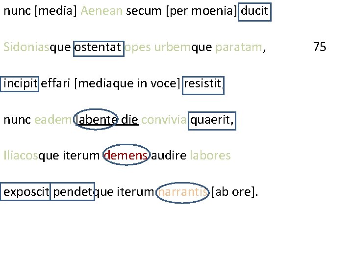 nunc [media] Aenean secum [per moenia] ducit Sidoniasque ostentat opes urbemque paratam, 75 incipit