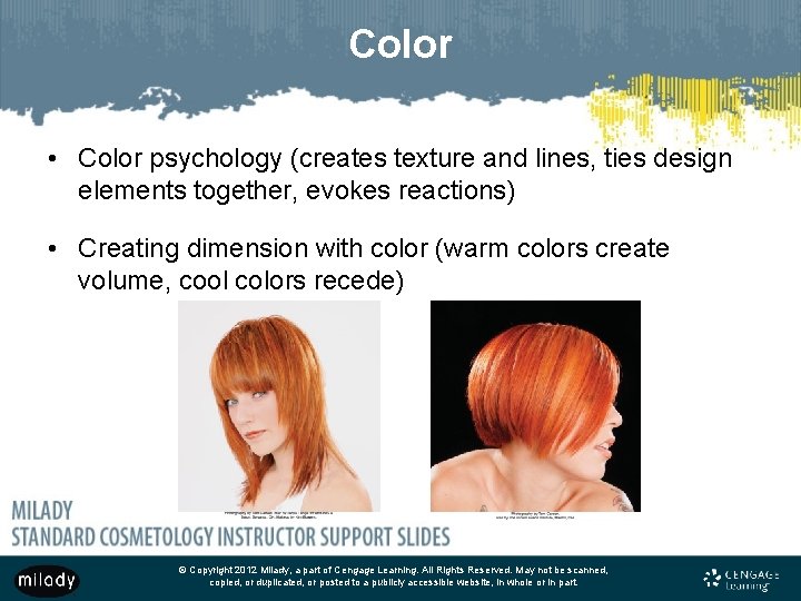 Color • Color psychology (creates texture and lines, ties design elements together, evokes reactions)