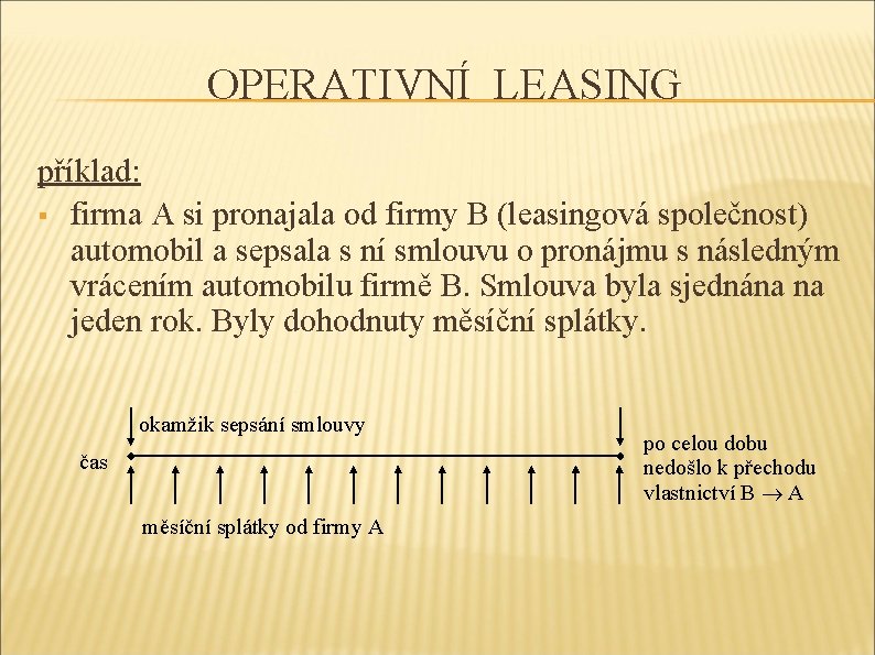 OPERATIVNÍ LEASING příklad: § firma A si pronajala od firmy B (leasingová společnost) automobil