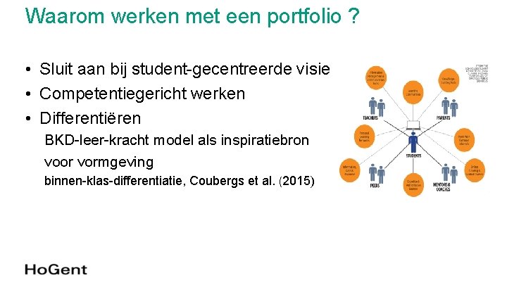 Waarom werken met een portfolio ? • Sluit aan bij student-gecentreerde visie • Competentiegericht Waarom werken met een portfolio ? • Sluit aan bij student-gecentreerde visie • Competentiegericht
