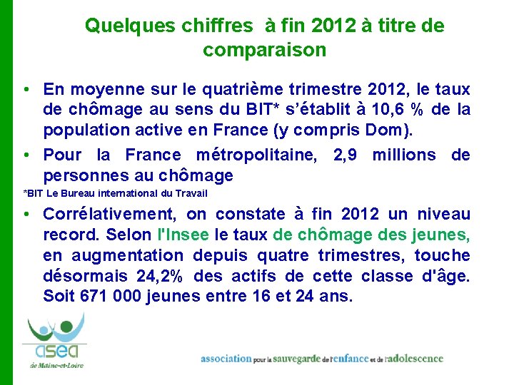 Quelques chiffres à fin 2012 à titre de comparaison • En moyenne sur le