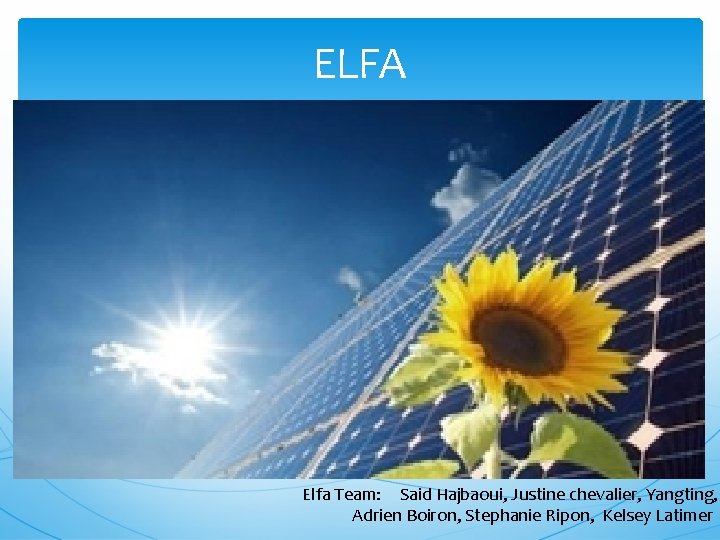 ELFA Elfa Team: Said Hajbaoui, Justine chevalier, Yangting, Adrien Boiron, Stephanie Ripon, Kelsey Latimer